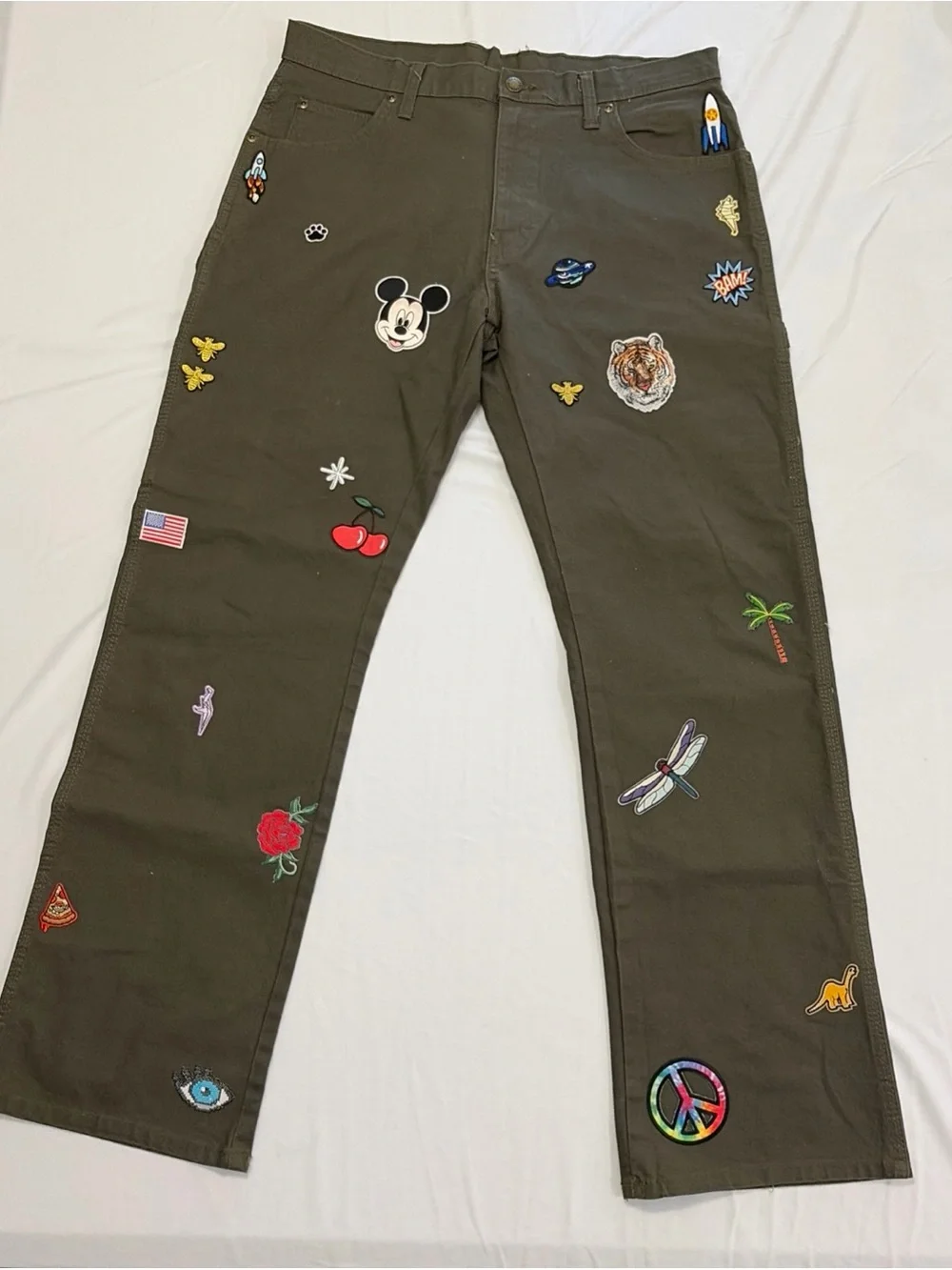 Dickies Olive Green Work Pants with Colorful Embroidered Patches